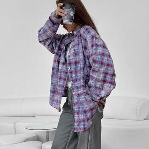 Oversized Red & Blue Plaid Flannel Shirt Women Size M Cozy Soft Grunge Style